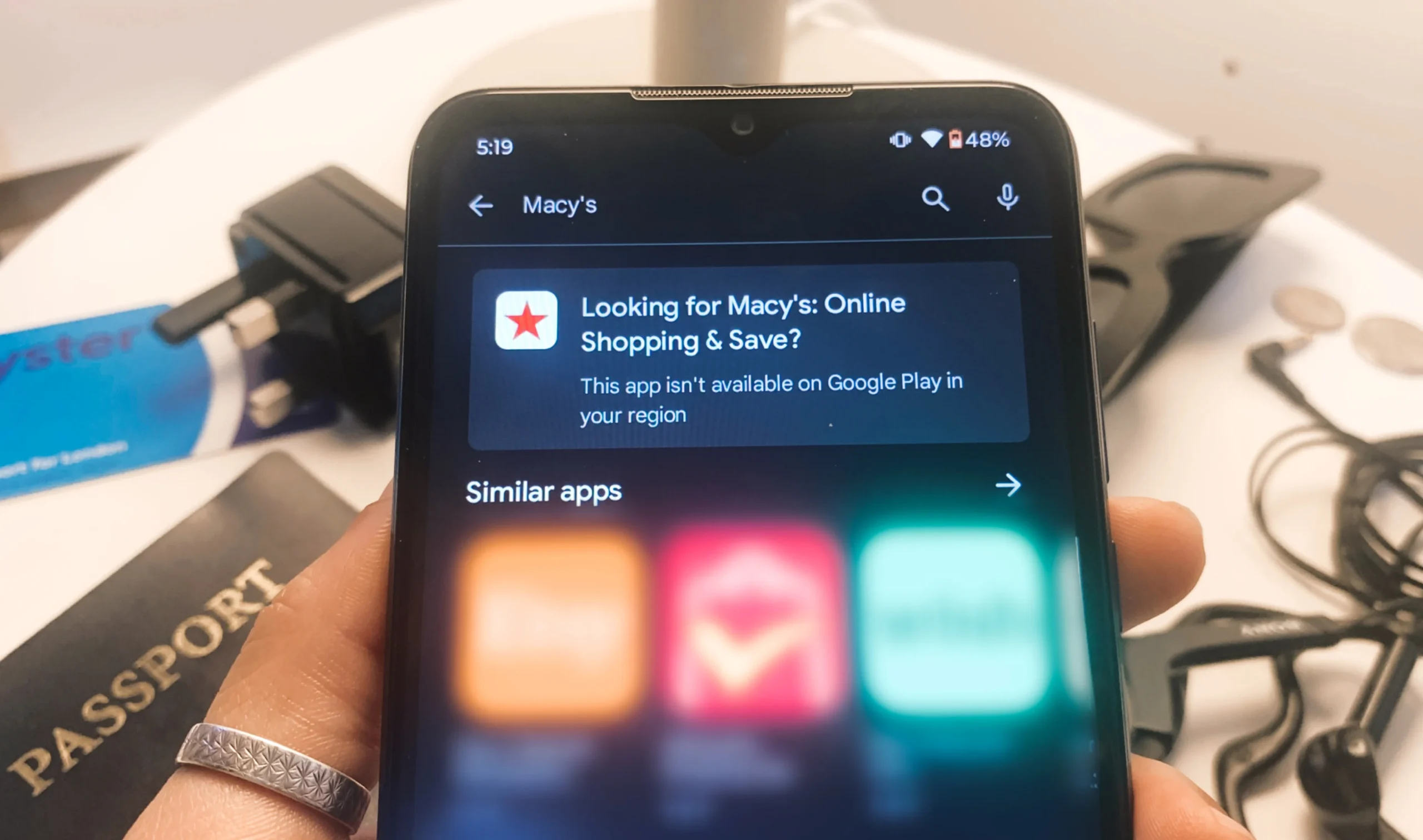 Image showing Macy's app unavailable for download in the Google Play Store due to region.